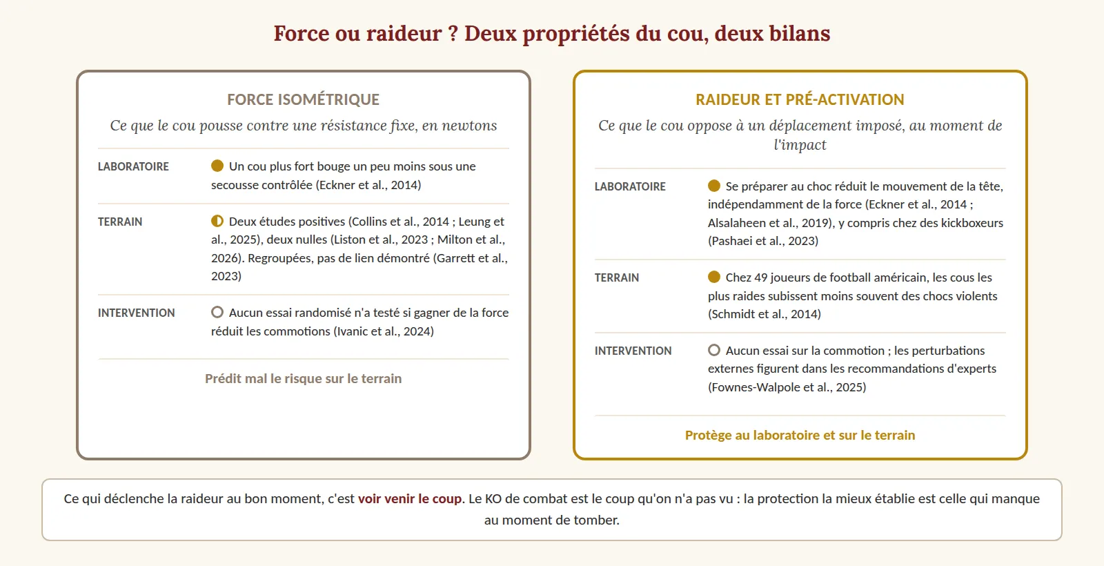 Deux encadrés comparés. À gauche, la force isométrique du cou : en laboratoire, un cou plus fort bouge un peu moins sous une secousse contrôlée ; sur le terrain, deux études positives et deux nulles, sans lien démontré une fois regroupées ; aucun essai randomisé sur la commotion. Elle prédit mal le risque sur le terrain. À droite, la raideur et la pré-activation : se préparer au choc réduit le mouvement de la tête en laboratoire, y compris chez des kickboxeurs ; chez des joueurs de football américain, les cous les plus raides subissent moins souvent des chocs violents ; aucun essai sur la commotion. Elle protège au laboratoire et sur le terrain. En bas : ce qui déclenche la raideur au bon moment, c'est voir venir le coup.